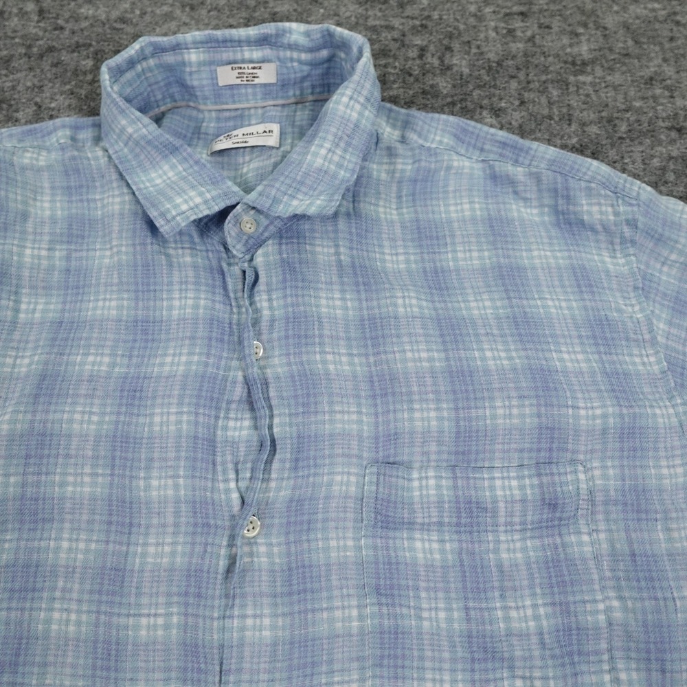 Peter Millar Seaside Linen Shirt Mens Extra Large Blue Plaid Short Sleeve Casual